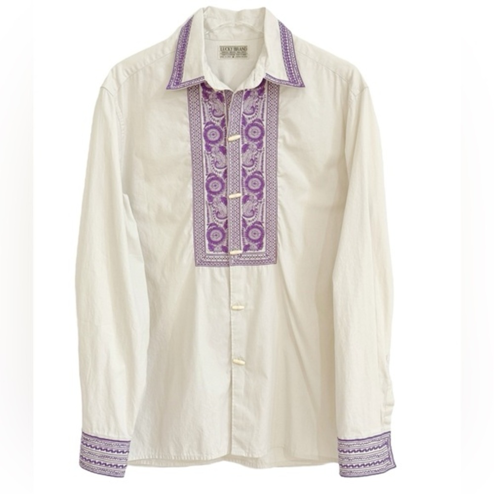 Lucky Brand White Button-Down Shirt with Purple Embroidered Placket